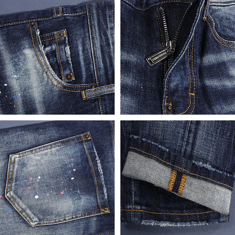 Y2KStreet Fashion New Jeans Painted Perforated Red Patch Washed Nostalgic Jeans Designer Hip Hop Brand Deep Blue Pants Hombre