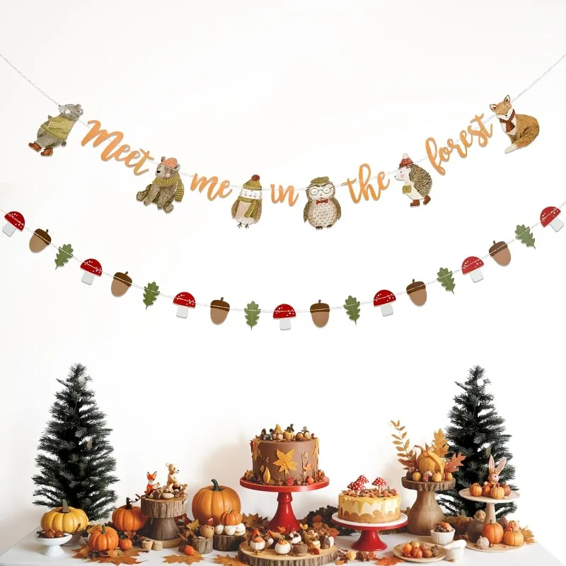 Woodland Forest Party Banner Meet Me in The Forest with Owl Bears Fox Mushrooms Leaves Fall Decorations Birthday Party Supplies