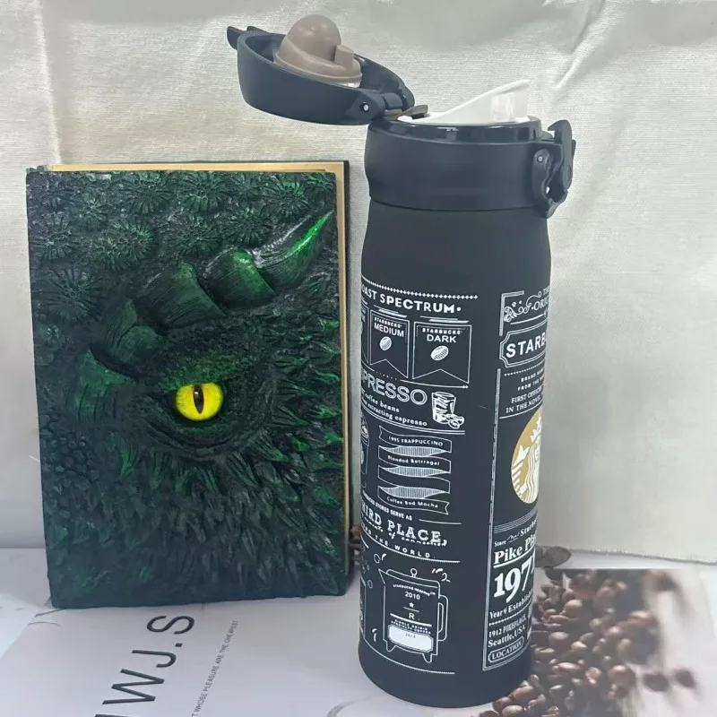 Garrafa Térmica Starbucks Origin Story 500ml, Copo Preto Fosco com Estampa Temática, Um Presente Colecionável para Fãs da Starbucks