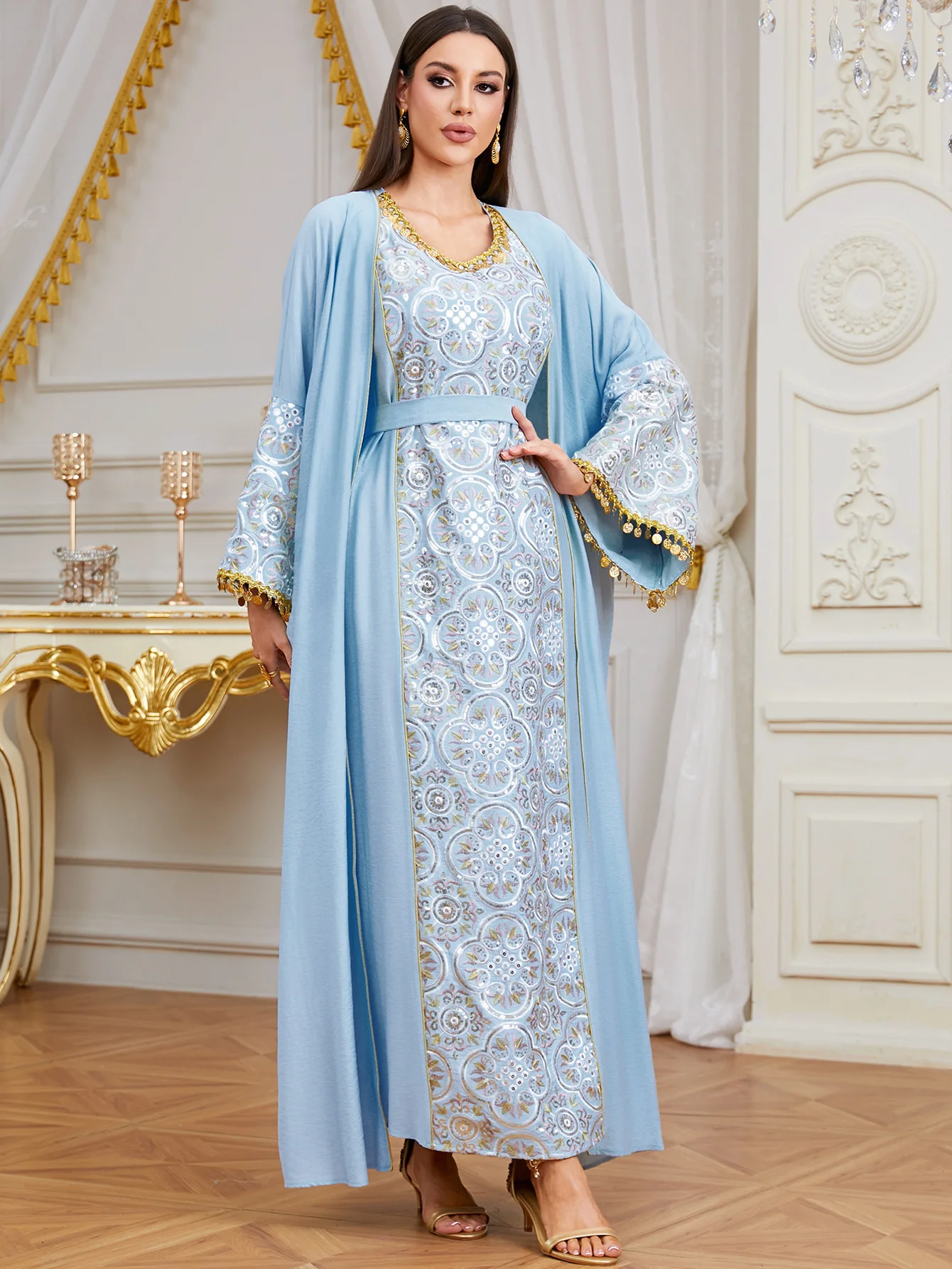 

Dubai Muslim Party Dress for Women Embroidery Open Kimono Abaya Inner Dress 2 Piece Set Jalabiya Robe Caftan Vestidos Kebaya