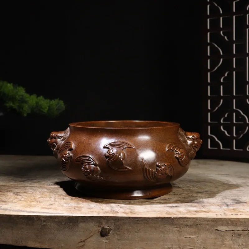 Copper ornament, Suzhou craftsmanship, five blessings lion ear , scripture incense burner, flat mou