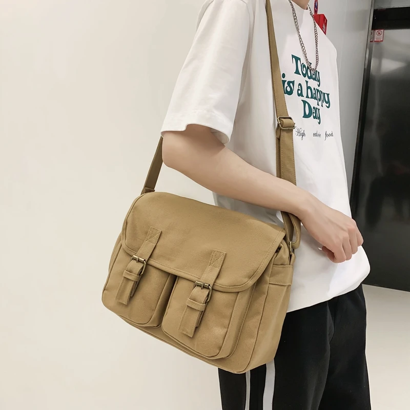 Casual Canvas Women Shoulder Bags Female School Messenger Bags Multi Pocket Flap Buckle Unisex College Student Crossbody Bookbag