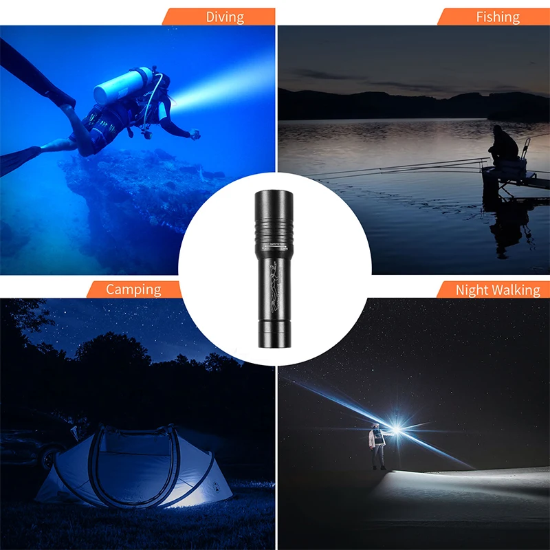 Alloy Powerful Diving LED Flashlight 2600mAh Recharge Scuba Lantern IPX8 Professional 50M Underwater Hunting Fishing Torch