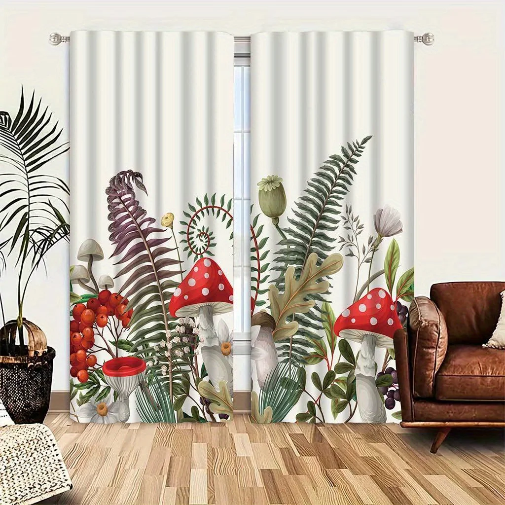 2pcs Mushroom Print Curtains Rod Pocket Decorative Window Drapes Window Treatments For Bedroom Living Room Window Blinds Drape