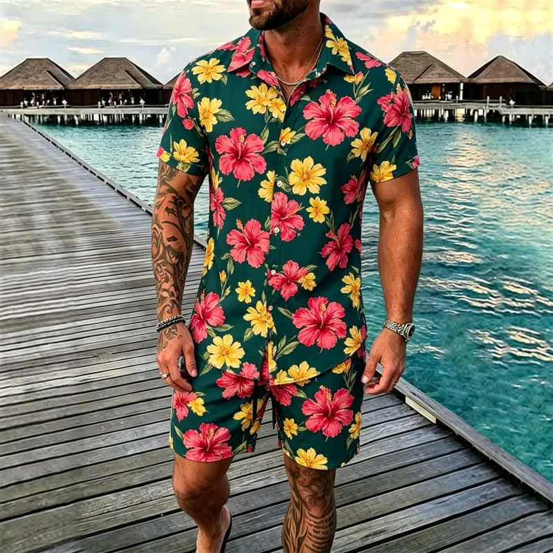 

Men's tropical floral print vacation shirt set, suitable for summer travel and vibrant tropical atmosphere