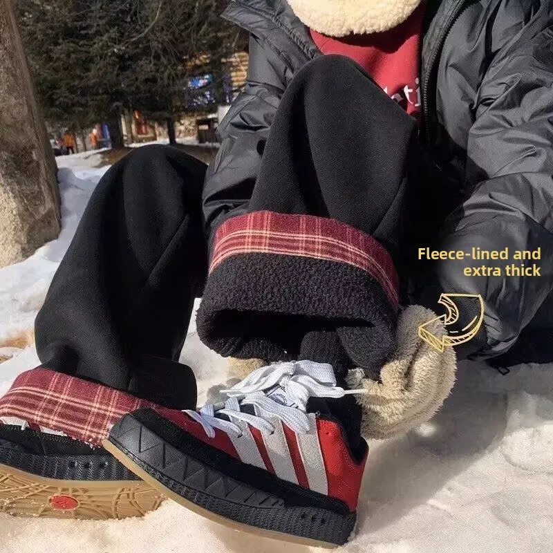 

Men's Autumn Winter Large Size Plaid Splicing Woolen Pants Loose Straight Leg Casual Trousers Faionable All-Match Long Trou...