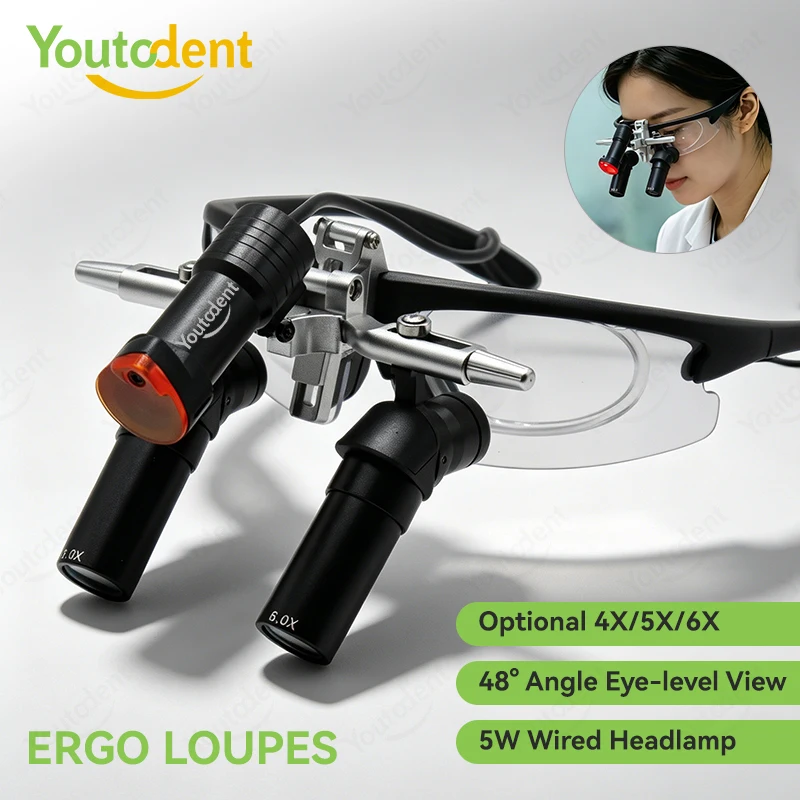 

Ergo Optical Dental Loupe 48° With 5W LED Light 4X 5X 6X Flip up Oral Surgery Loupes Corner Structure Parallel Field of Vision