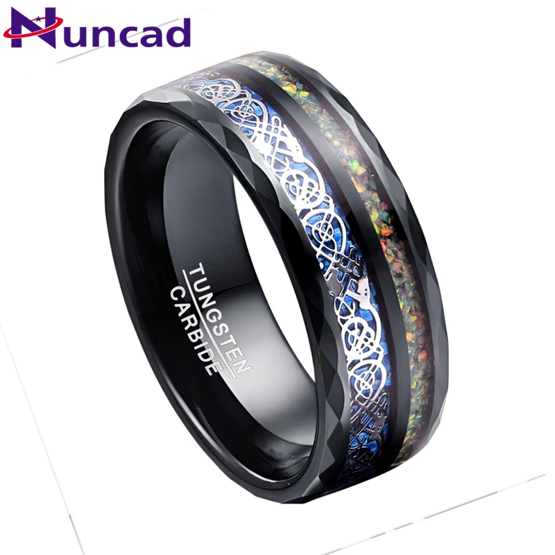

NUNCAD 8 мм кольцо из карбида вольфрама черный цвет серебряный дракон узор опал мужское кольцо свадебный подарок оптовая продажа размер 7-12