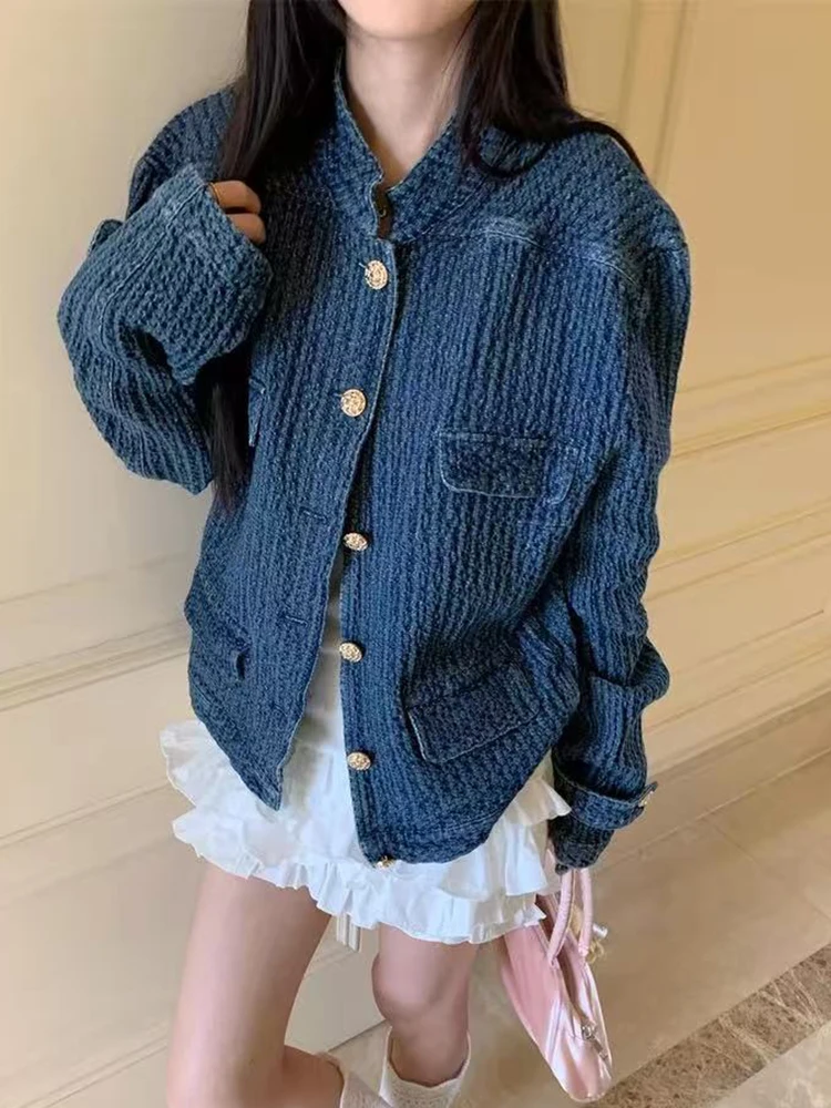 

Vintage Stand Collar Denim Women Autumn Loose Streetwear Single Breasted Coats Y2k Korean Chic Long Sleeve Casual Outwear