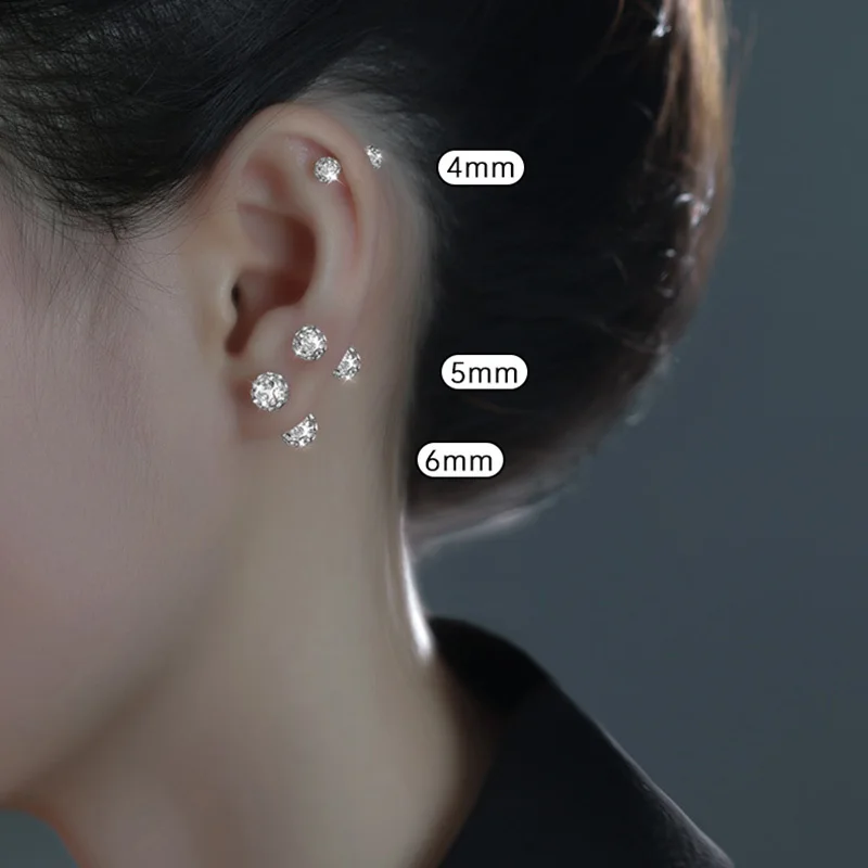 925 Sterling Silver 3/4/5/6MM Full Zircon Bead Stud Earrings For Women Party Classic Fine Jewelry Light Luxury Accessories
