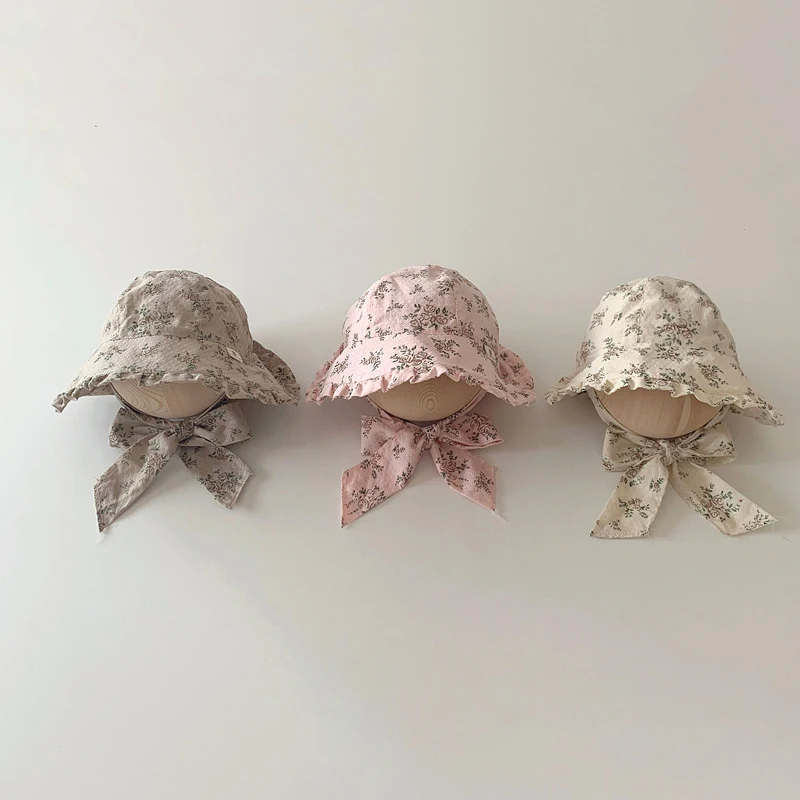 Süßer Blumen-Rüschen-Babyhut Sommer-Sonnenhut mit breiter Krempe für Kleinkinder Jungen Mädchen Koreanischer Schnür-Fischerhut für Kinder