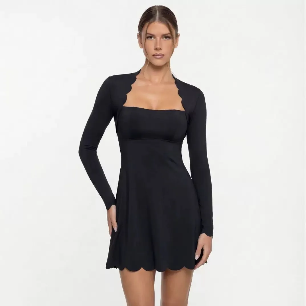 FUBEIKE Tennis Clothes Women\'s Long Sleeve Wave Lace Golf Wear Tennis Skirt Breathable Quick-Drying Yoga One-Piece Dress