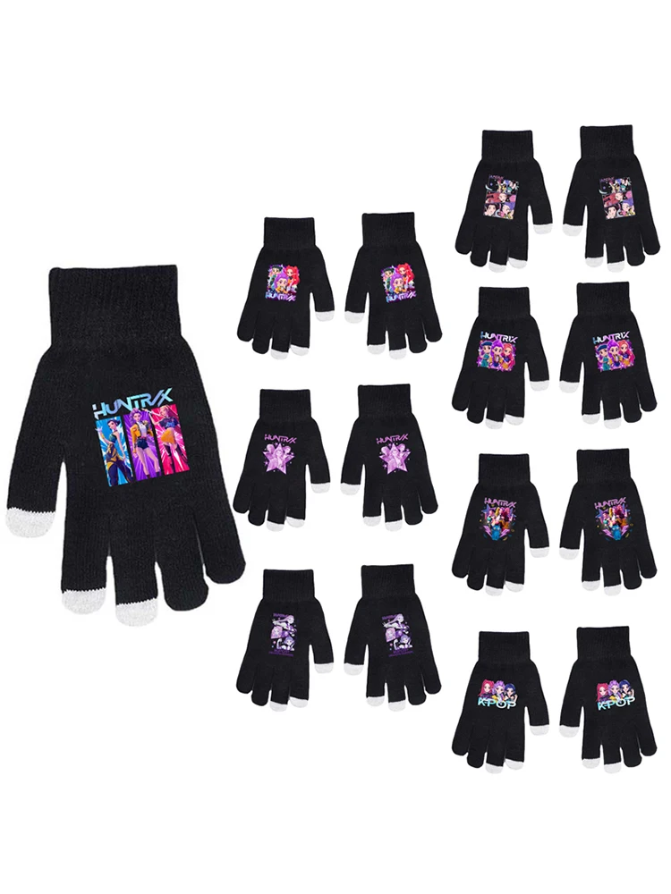 AliExpress MINISO KPop Demon Hunters Children Knitted Warm Gloves Anime Girl Stretch Mittens Full Finger Gloves Outdoor Cycling Skiing Gloves Gift