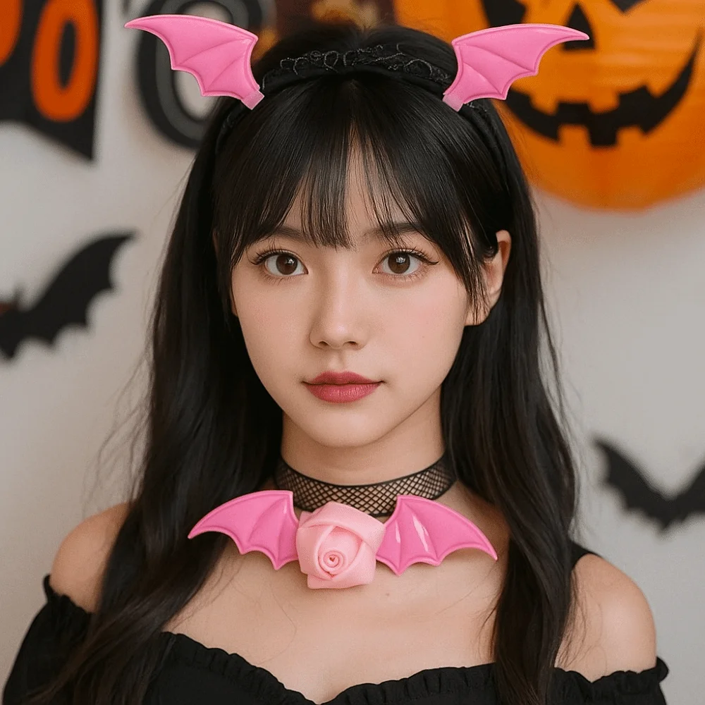 

Fashion Flower Bat Wings Hairband Lace PU Leather Headband Necklace Set Mesh Gothic Halloween Hair Hoop Halloween Party