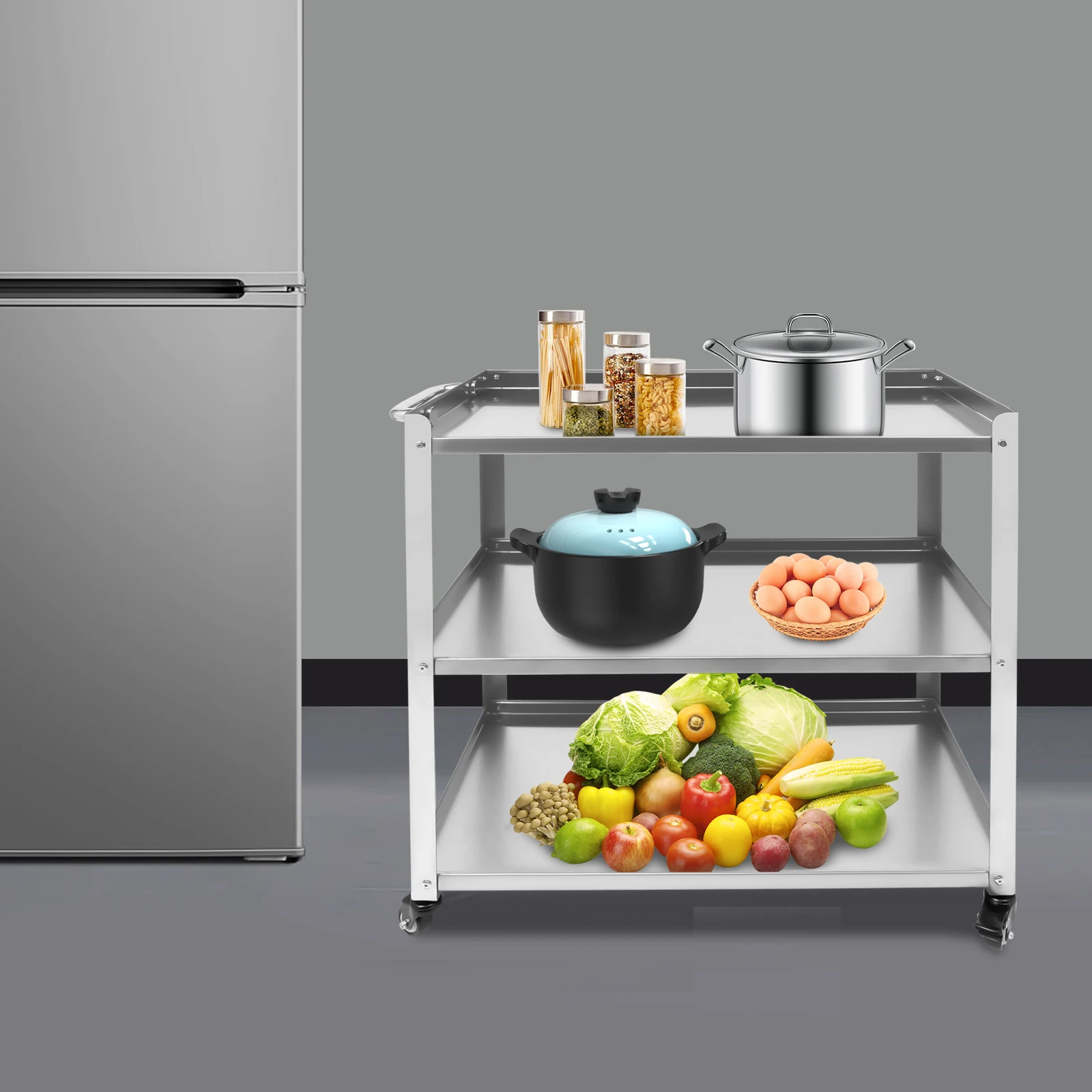 Carro utilitario de acero inoxidable de 3 niveles con ruedas, capacidad de carga pesada de 300 libras, carro rodante de almacenamiento para servicio de cocina plateado