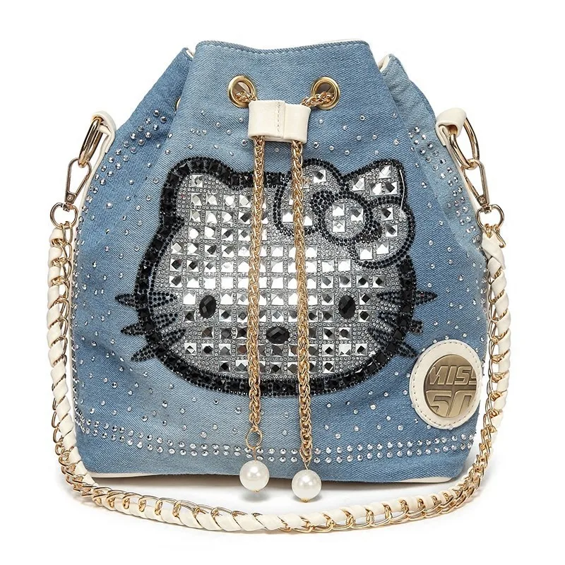 

Sanrio Denim Hello Kitty Shoulder Bag for Women Girl Luxury Designer Bucket Bag Portable Lightweight Diamond Decoration