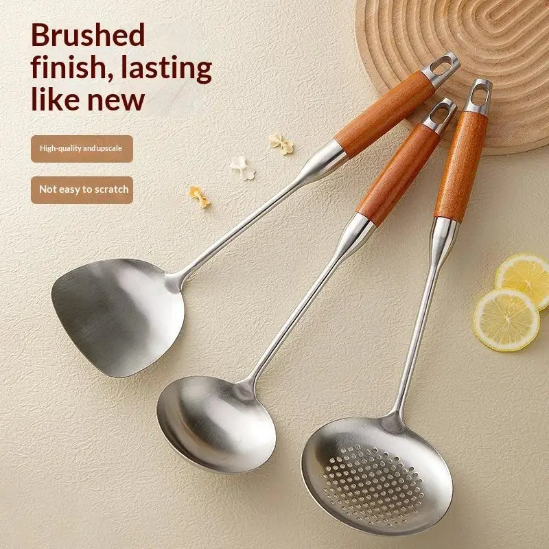 Stainless Steel Kitchen Utensil Set Heat Resistant Smooth Wooden Handles Dishwasher Safe Cookware for Wedding Gift