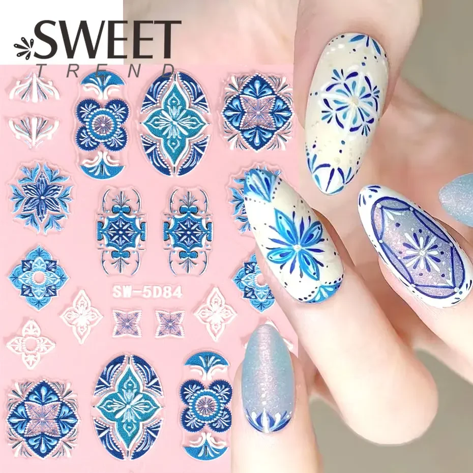 1pcs 5D Embossed Bohemian Nail Art Sticker  Adhesive Decal Elegant Embroidery Boho Style Flower Design Nails Decoration Supplies