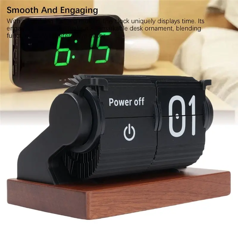 AT21-Mechanical Battery Powered Automatic Page Turning Flip Clock Vintage Style Wooden Wood Base For Living Room Office White