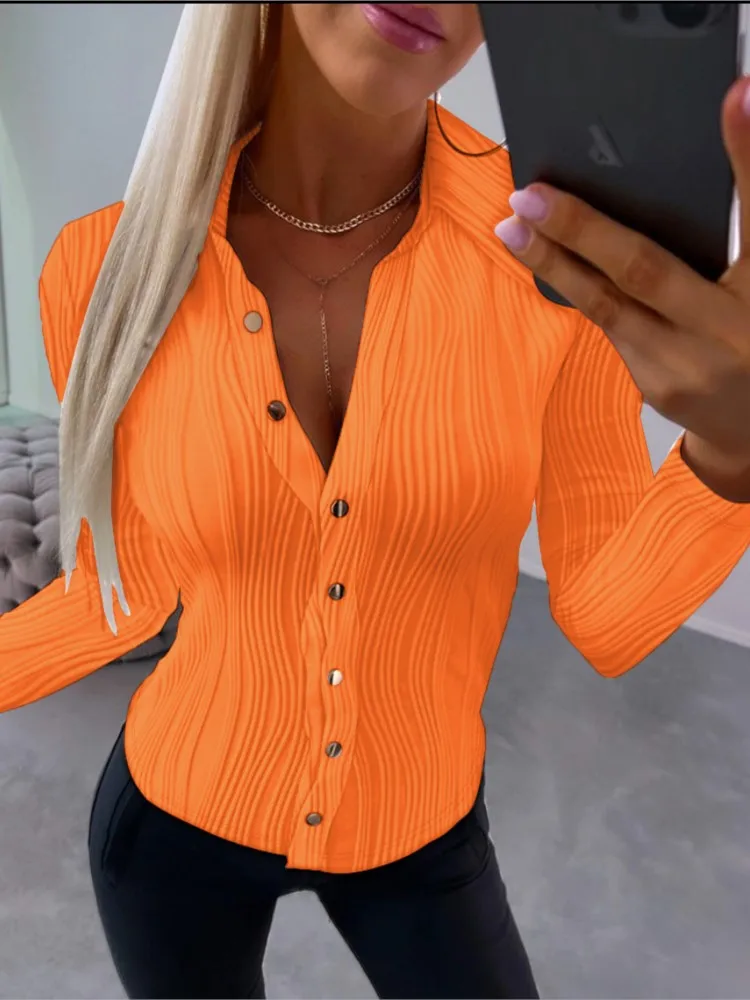 Women\'s Autumn New Long Sleeved Sexy V-neck Solid Color Women\'s Shirt Single Breasted Shirt Casual Office Women\'s Wear