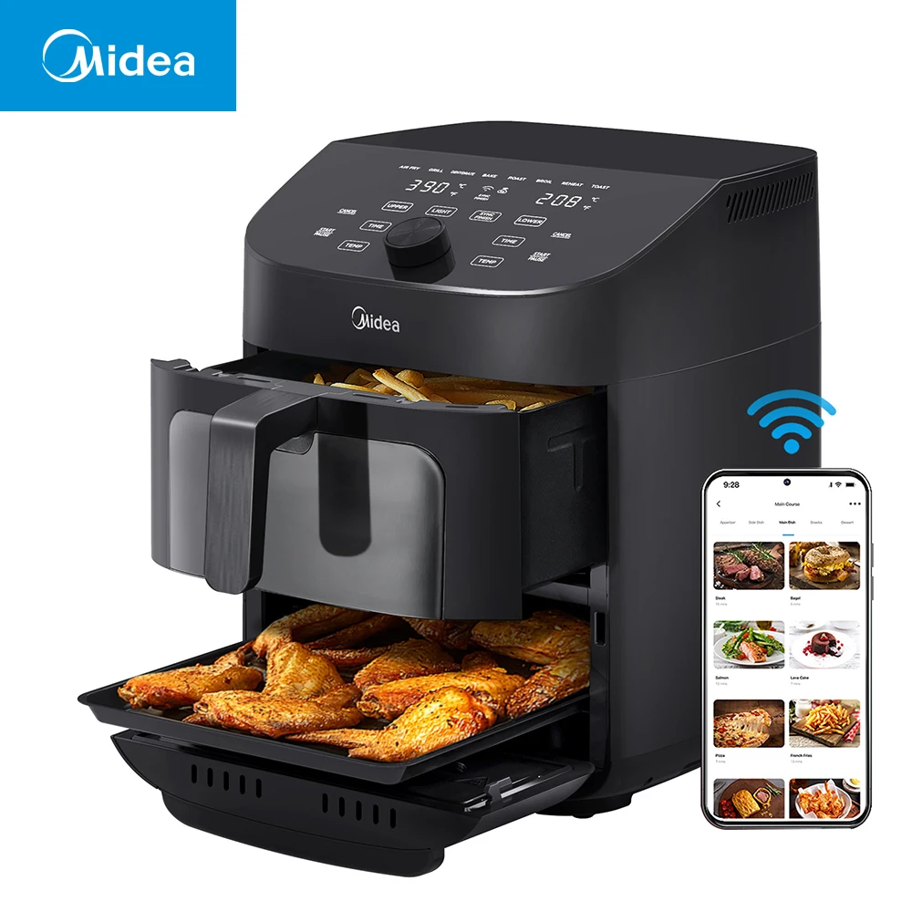 Midea Dual Basket Air Fryer Oven 11 Quart 8 in 1 Functions Clear Window Smart Sync Finish Works with Alexa Wi-Fi Connectivity