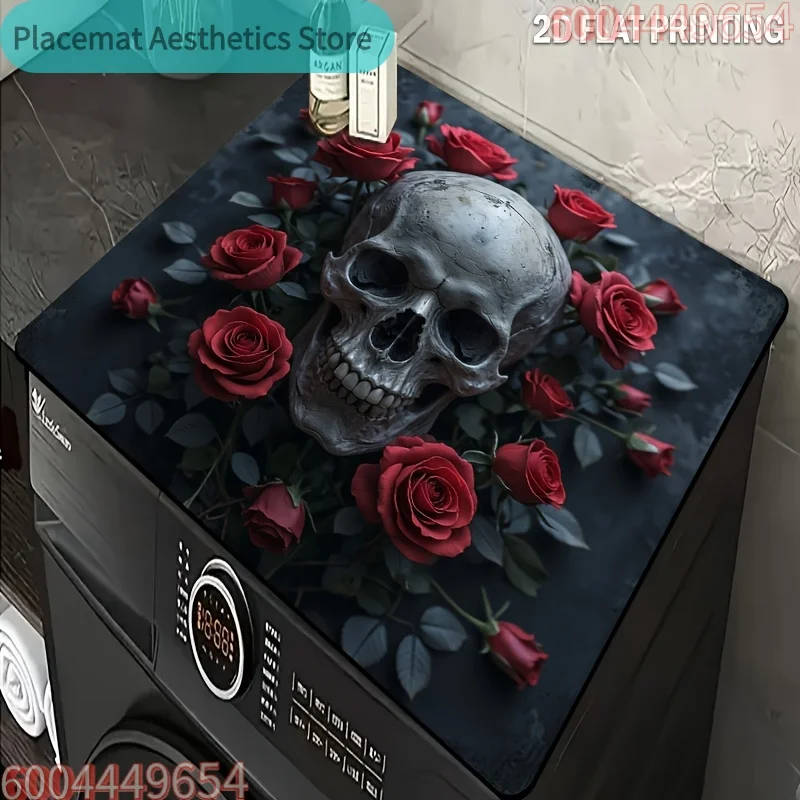 , Dust Cover for Washing Machine, Featuring a 2D Flat Print of a Skeleton And Rose Design, Perfect for Halloween Gifts. This Abs