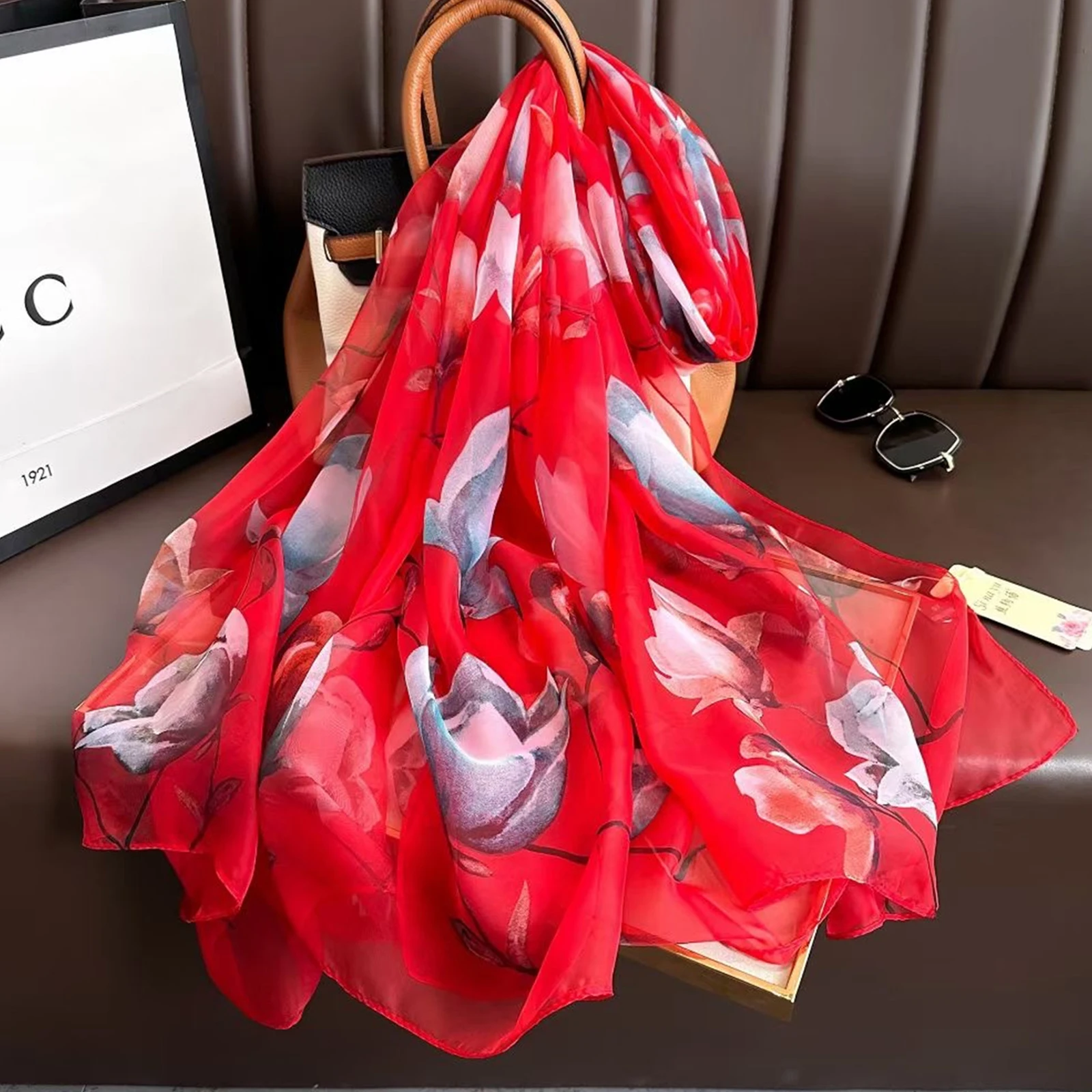 Popular Print Finish Silk Shawl Fashion Satin Sunscreen Scarves Luxury Dustproof Big Bandanna Female 185X135CM Style Beach Towel