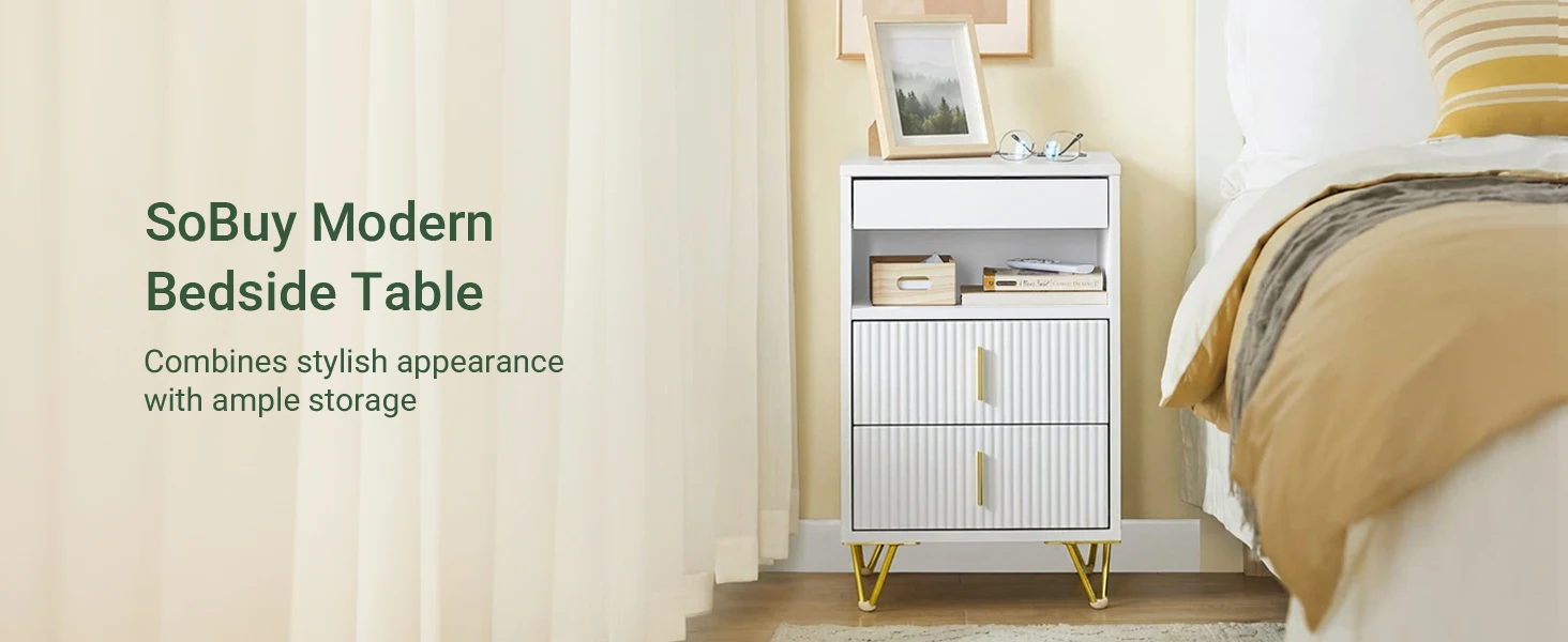 SoBuy FBT168-W Nachttisch, Nachtschrank mit 3 Schubladen und Ablagefach, Moderner Beistelltisch für Schlafzimmer und Wohnzimmer – Detail 6