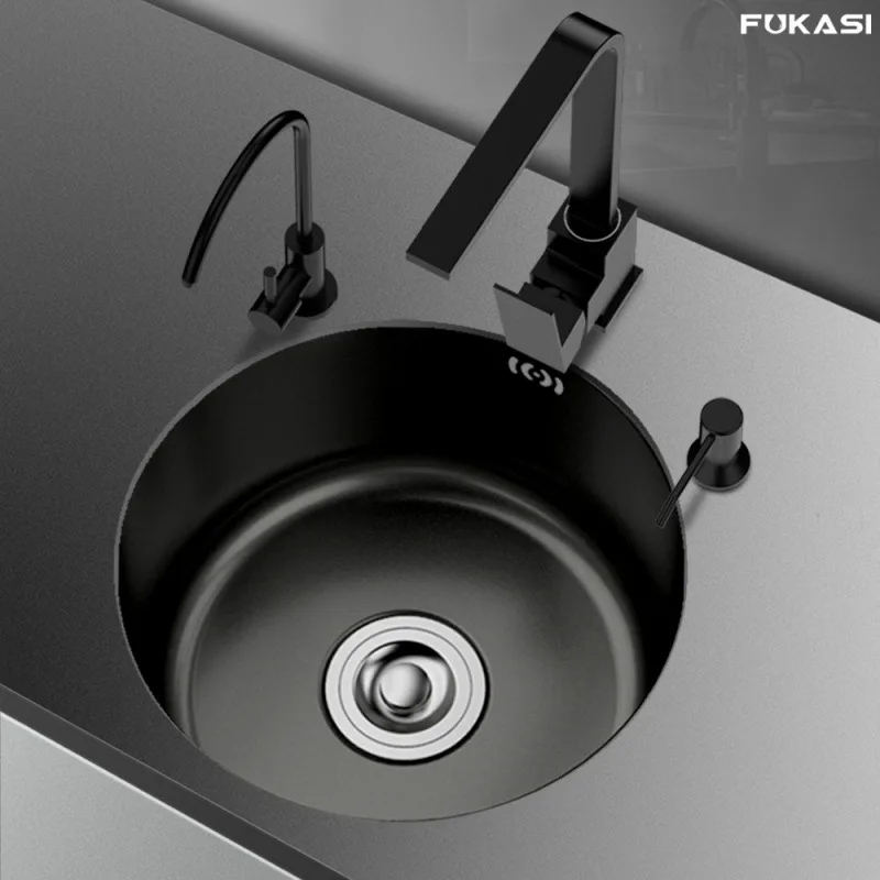 304 stainless steel kitchen round sink vegetable basin single slot black nano bar island small sink under the counter