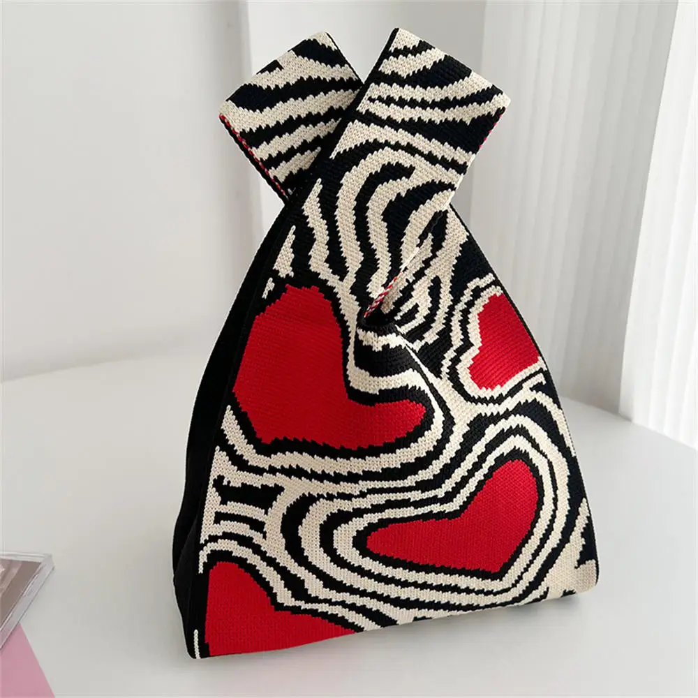 Korean Heart Color Contrast Handbag Knitted Women's Bag Temperament Wide Stripe Tote Bag Key Phone Pouch Portable Shopping Bag