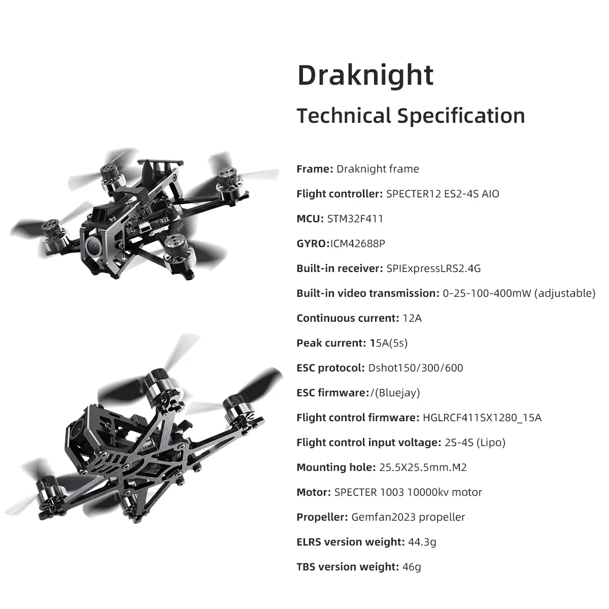 Hglrc Draknight 2-Inch Tandenstoker Fpv Drone Caddx Mier F411-15A 1003 1000kv Dshot150/300/600 Voor Rc Fpv Quadcopter Freestyle Drone