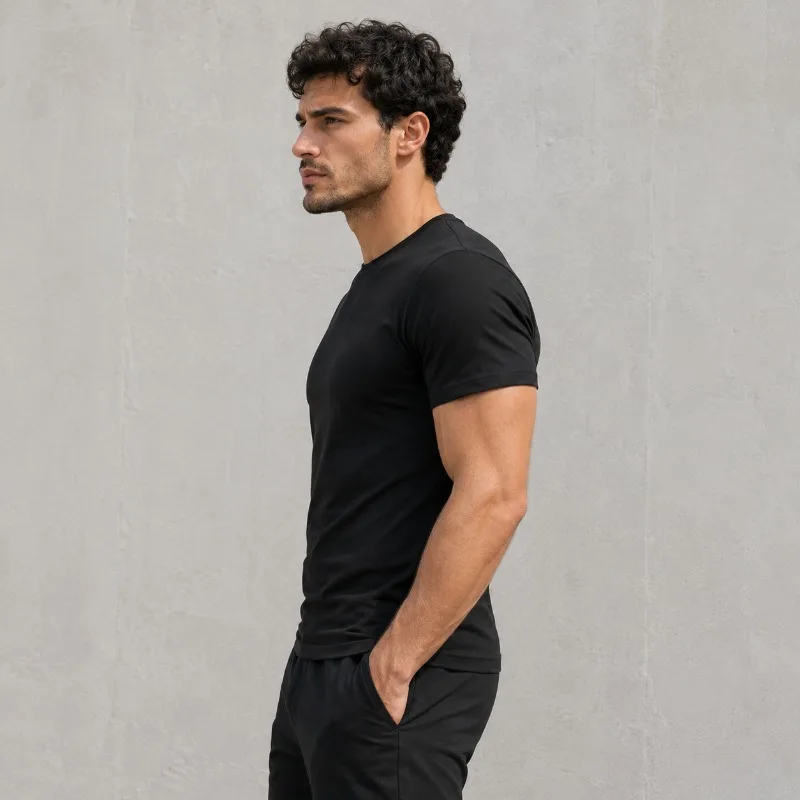 Men's Solid Black T Shirt Slim Fit Short Sleeve Crew Neck Summer Casual Basic Tee Breathable Fitness Streetwear Tops