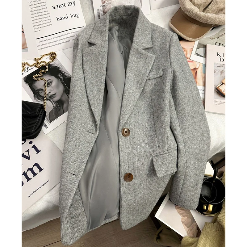 Elegant Grey Herringbone Women Blazer Wool Blend Single Breasted Coat Peak Lapel Longline Office Lady Vintage Outerwear Top