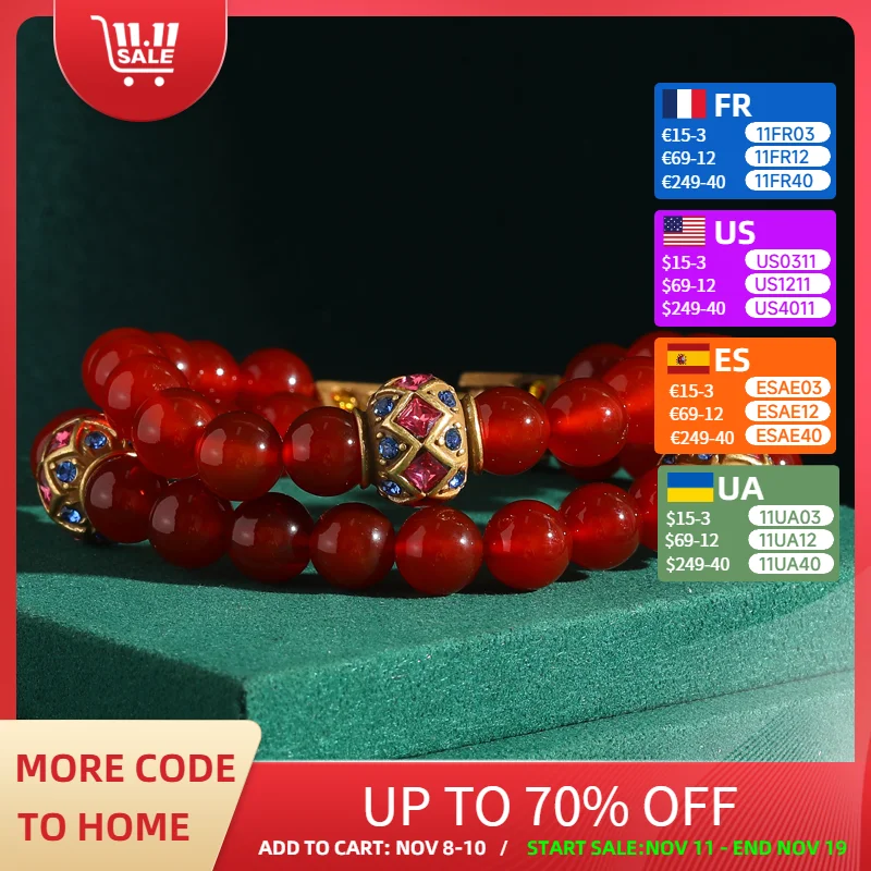 

Vintage Layered Red Agate Beaded Bracelets For Women Gold Color Rhinestones Ball Luxury Jewelry Designers Summer Accessories