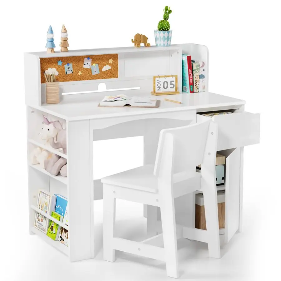 Kids Desk and Chair Set with Bookshelf, Kids Study Desk with Chair with Storage Cabinet, Student Writing Table for Study amp Cra