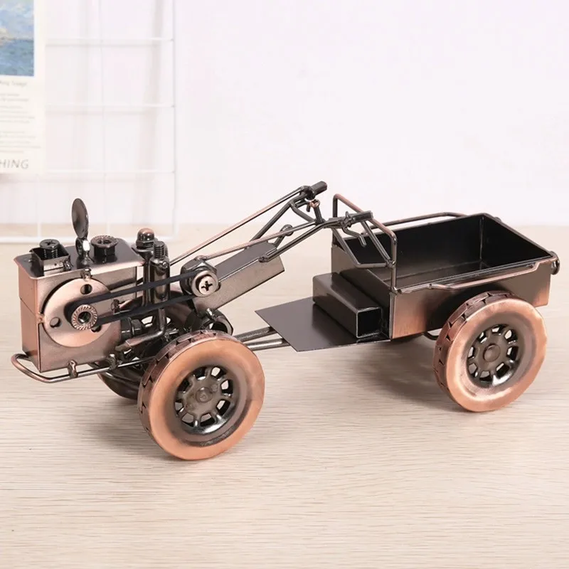 

AEE8-Wrought Ironwork Hand-Held Tractor Model Vintage Decorative Ornament Office Creative Home Decoration Photography Prop