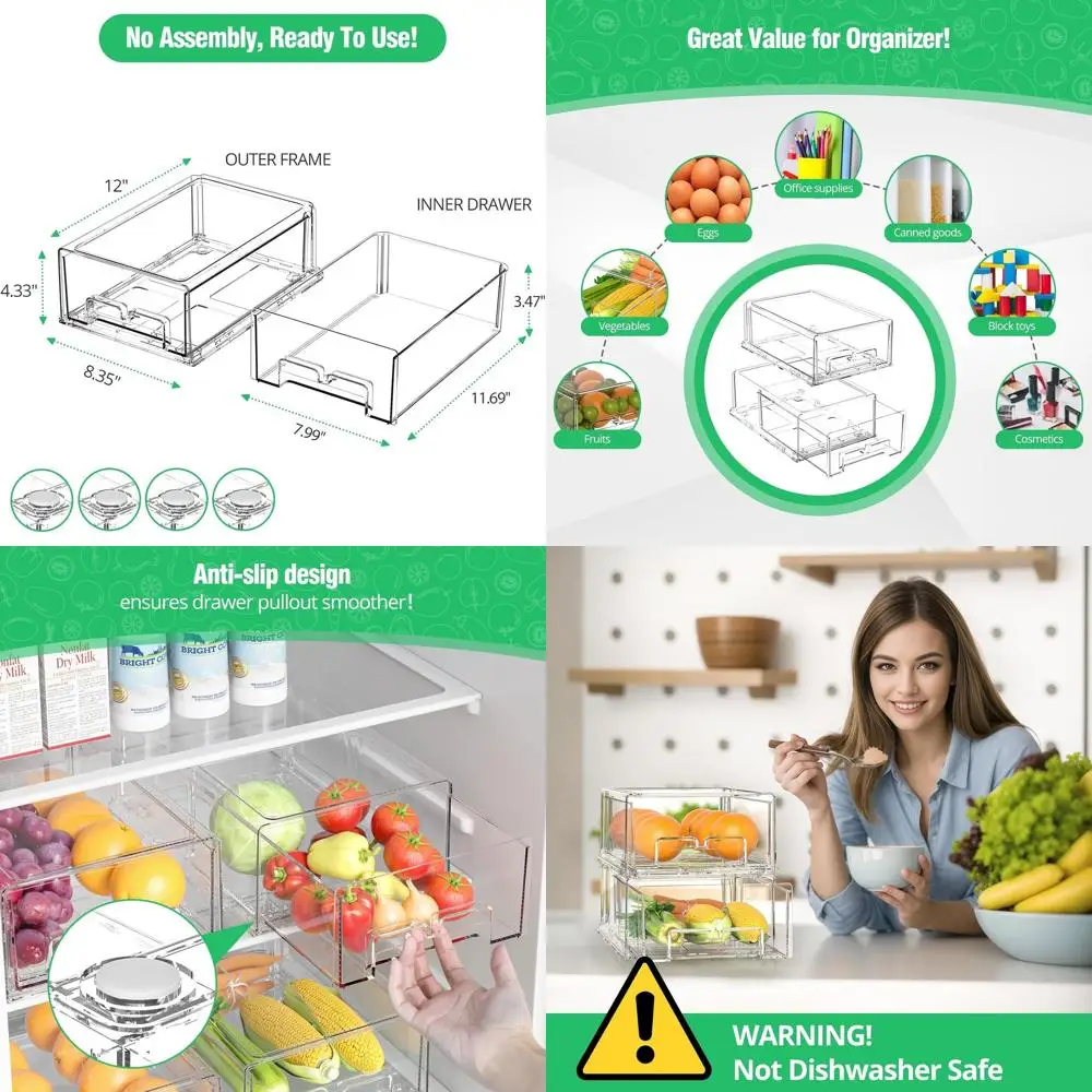 

Stackable Clear Refrigerator Storage Drawers for Fruits and Vegetables, Pull-Out Organizer Bins