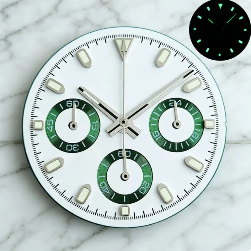 Chronograph 29.5mm Daytona watch dial hands white panda suitable for VK63 quartz movement assembly part C3 lumiouns view 6