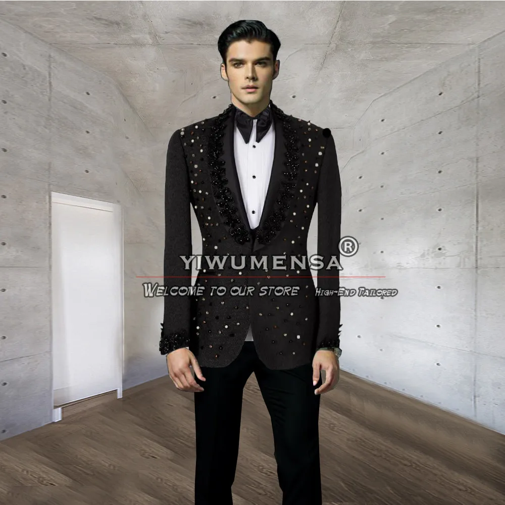 

Floral Suits Men For Wedding Luxury Pearls Beaded Jacket Vest Pants 3 Piece Groom Tuxedo Formal Business Banquet Prom Blazer Set