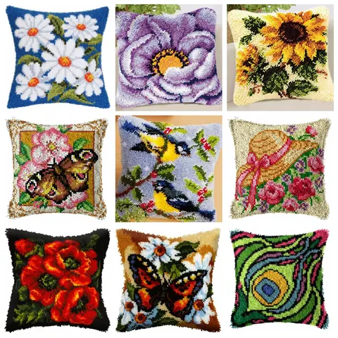 새 꽃 나비 래치 후크 키트 매트 쿠션 베개 공예 쿠션 자수 래치 후크 러그 바느질 단추 패키지