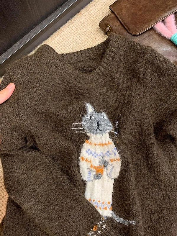 

Thi Knitted Pattern Sweater Women's Winter Loose Fit Outerwear Inner Match Sweet Sle Coffee Color Soft Medium Hardn