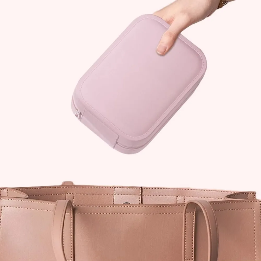 Mini espelho de maquiagem LED USB recarregável estojo de couro estojo de joias luzes LED embutidas 360 °   Estojo cosmético de rotação