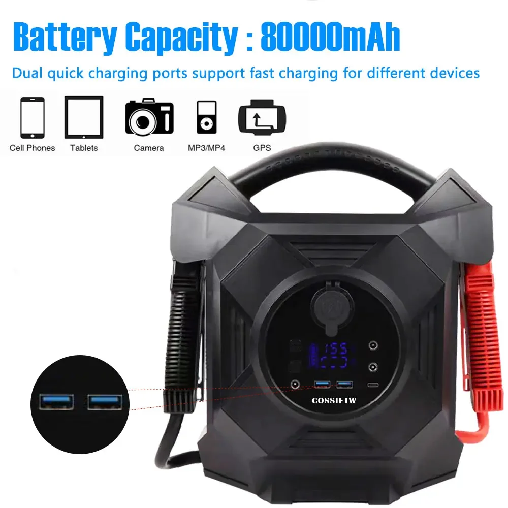 COSSIFTW 12v 24v Battery Booster 80000Mah Power Bank Car Jump Start 10000Amp Peak 50-Liters Jump Pack for Truck Battery