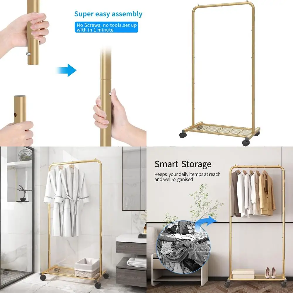 

Yellow Rolling Clothing Rack with Mesh Shelves and Wheels for Hanging Garments