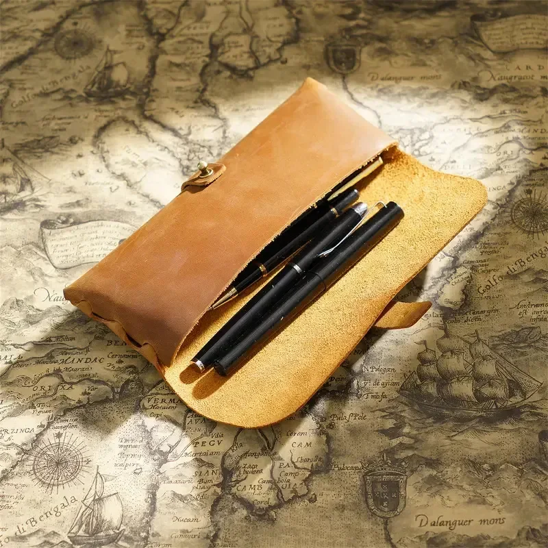 

New AIGUONIU Leather Pencil Case Men's Retro Pen Bag Student Large-capacity Stationery Storage Bag Cowhide Glasses Box Wholesale