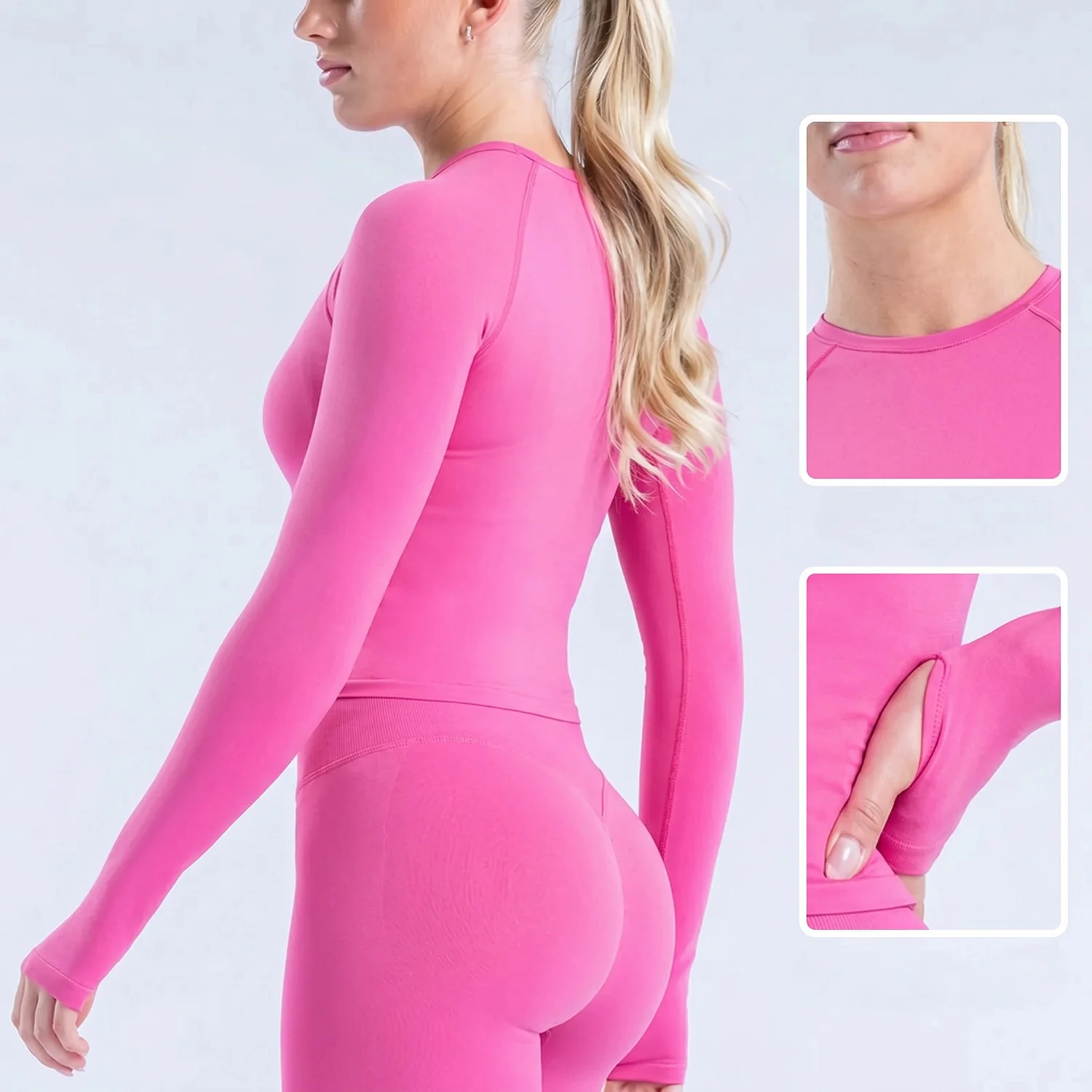 Denyf Seamless Knit Workout Set Women Quick Dry Long Sleeve Pants Butt Lifting Slim Fit Yoga Outfit Gym Fitness Running