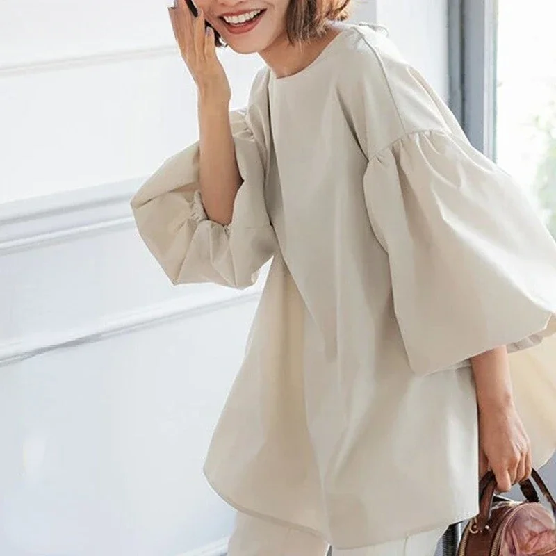 Hot New Blouses Women Tops Lantern Sleeve Solid Spring Summer Shirts Japan Style Vintage Loose Elegant Casual Short Coat