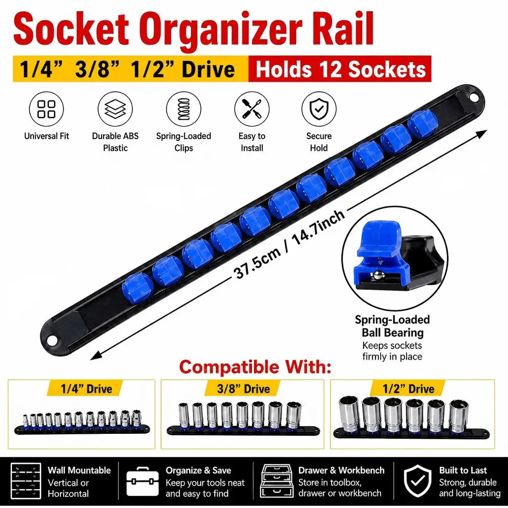 ABS Socket Organizer 360° Swivel 1/4Inch 3/8Inch 1/2Inch Premium Quality Socket Clip Rail Holder socket organizer tools Blue