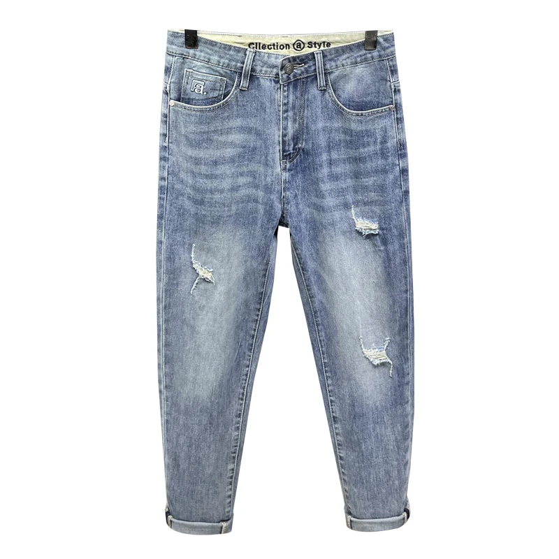 2024 Spring New High-End Ripped Jeans Men's Slim Fit Skinny Fashion Street Casual Elastic Ankle-Length Pants
