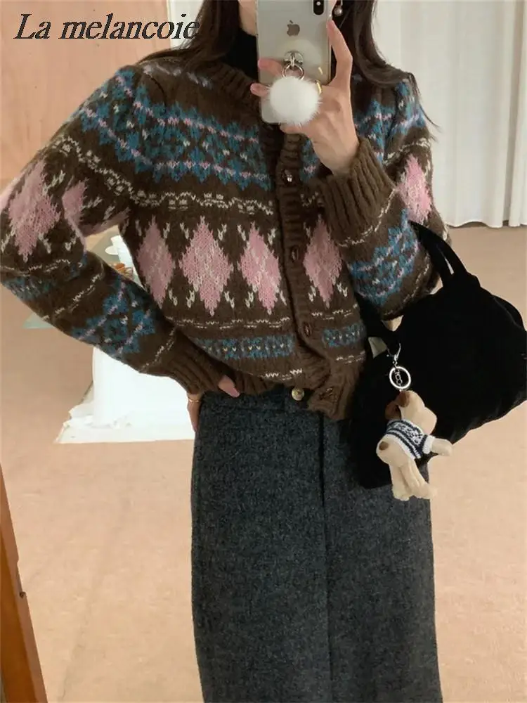 Ugly Christmas Sweater Women Vintage Button Up Knitted Jacquard Cardigan Jumpers Autumn Winter 2024 New Fashion Casual Knitwear